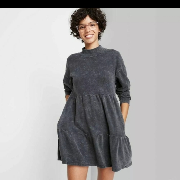 NWT Wild Fable XS Women's Long Sleeve Sweatshirt Dress Washed Black - Picture 1 of 6